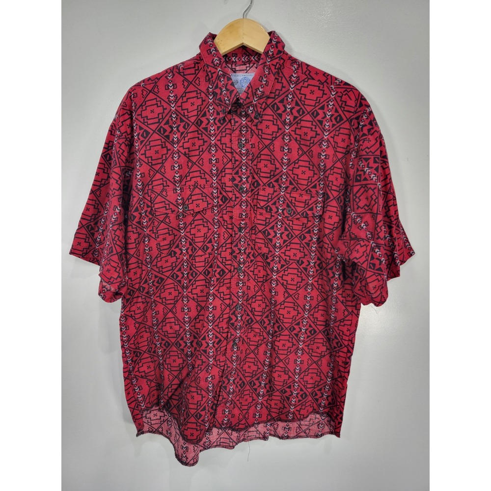 American Hero Mens Red Black Southwestern Geometric Short Sleeve Button Shirt XL